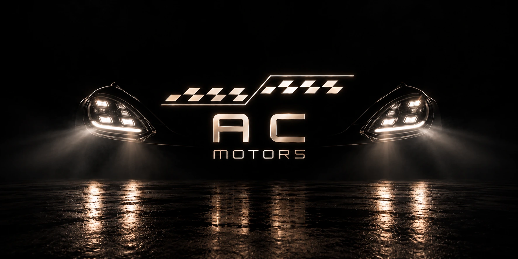 AC-Motors-Motiv zwischen zwei beleuchteten Fahrzeugscheinwerfern